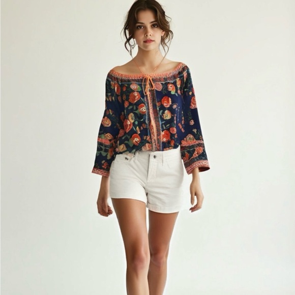Umgee Floral Navy Off-Shoulder Top Size S - Picture 1 of 8